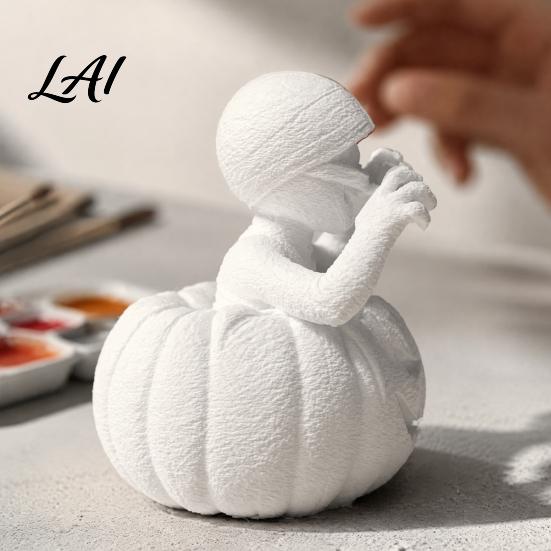 Atmospheric Festival Sculpture 3D Printed Pumpkin Boy Figurine Unpainted White DIY Statue Unique Tabletop Display Piece Halloween Mummy Sculpture