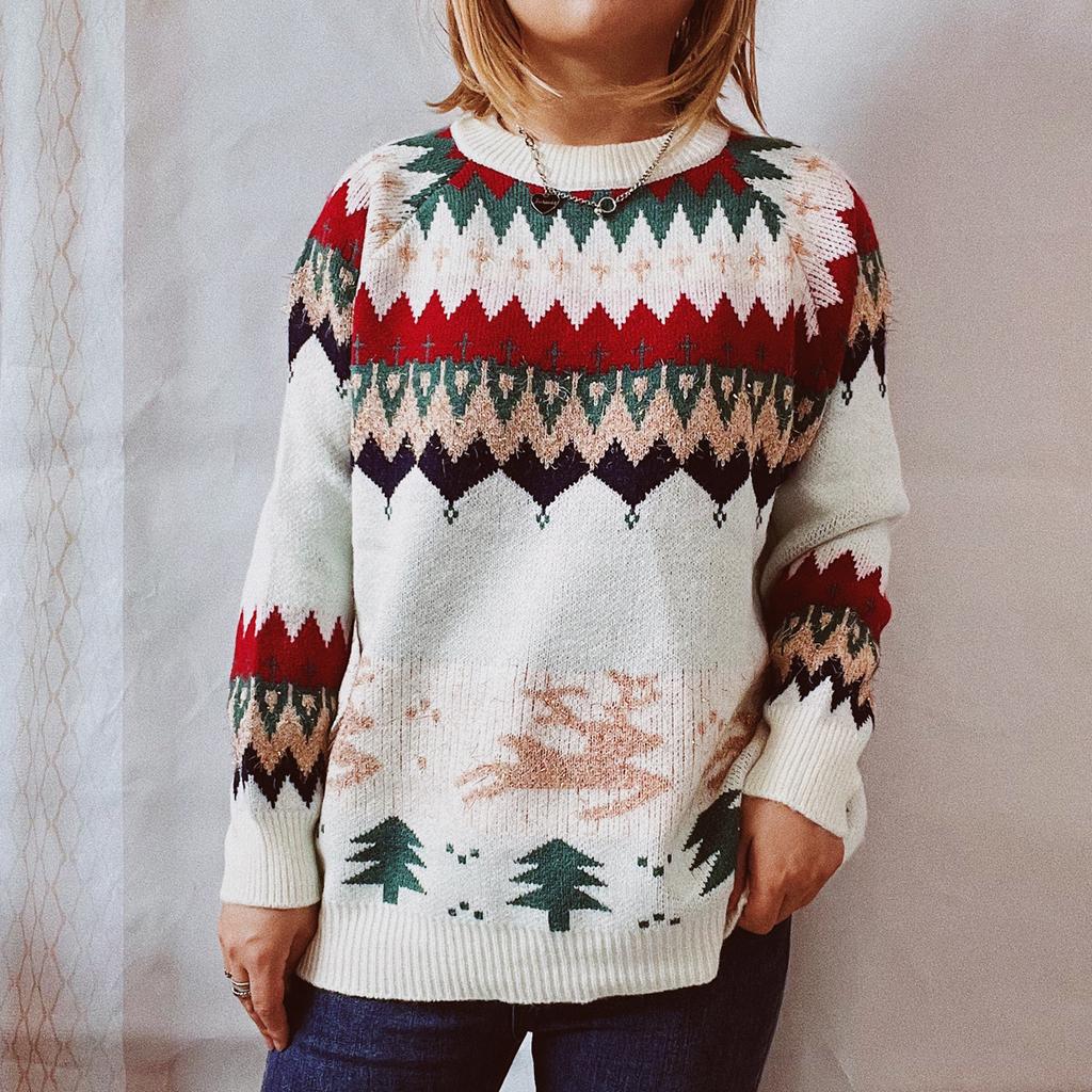 Women's New Year's Christmas Sweater with Thick Shoulder Sleeves, Reindeer Christmas Tree Gold Thread Pullover Sweater 3504