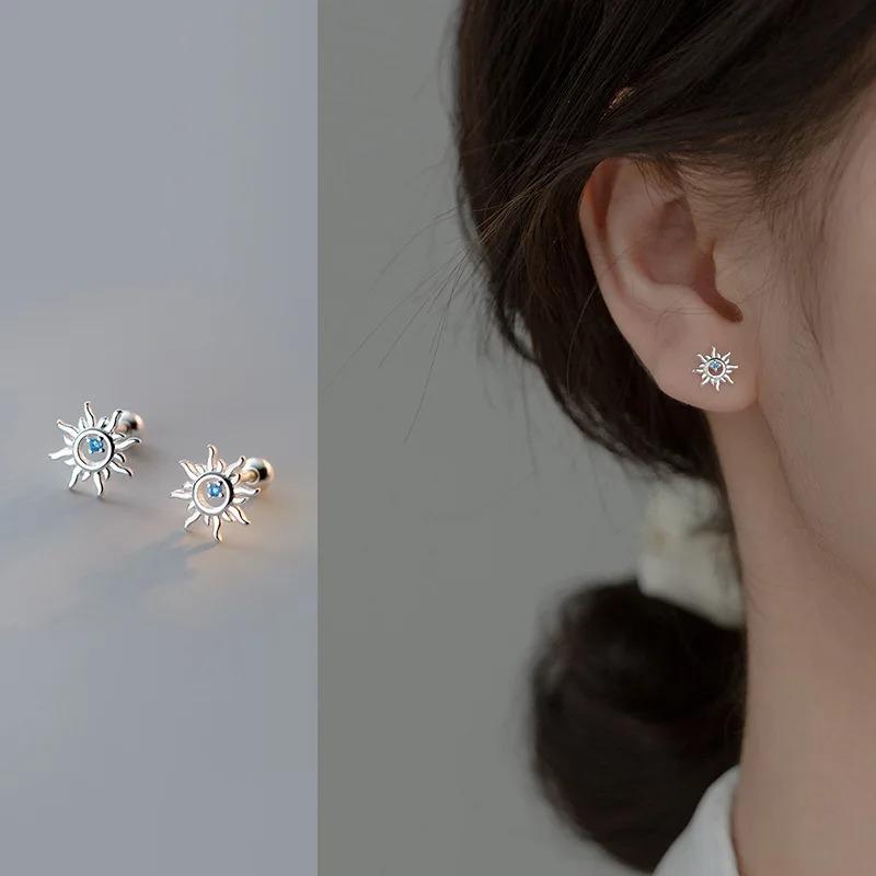 925 Silver Blue Zircon Sun Small Stud Earrings For Women Piercing Wedding Luxury Jewelry Jewellery Money 925