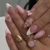 24 Stück Rosa Mandel-Press-On-Nägel, 3D-geschnitzte Blume & Wellen-French-Fake-Nägel mit goldenen Perlen
