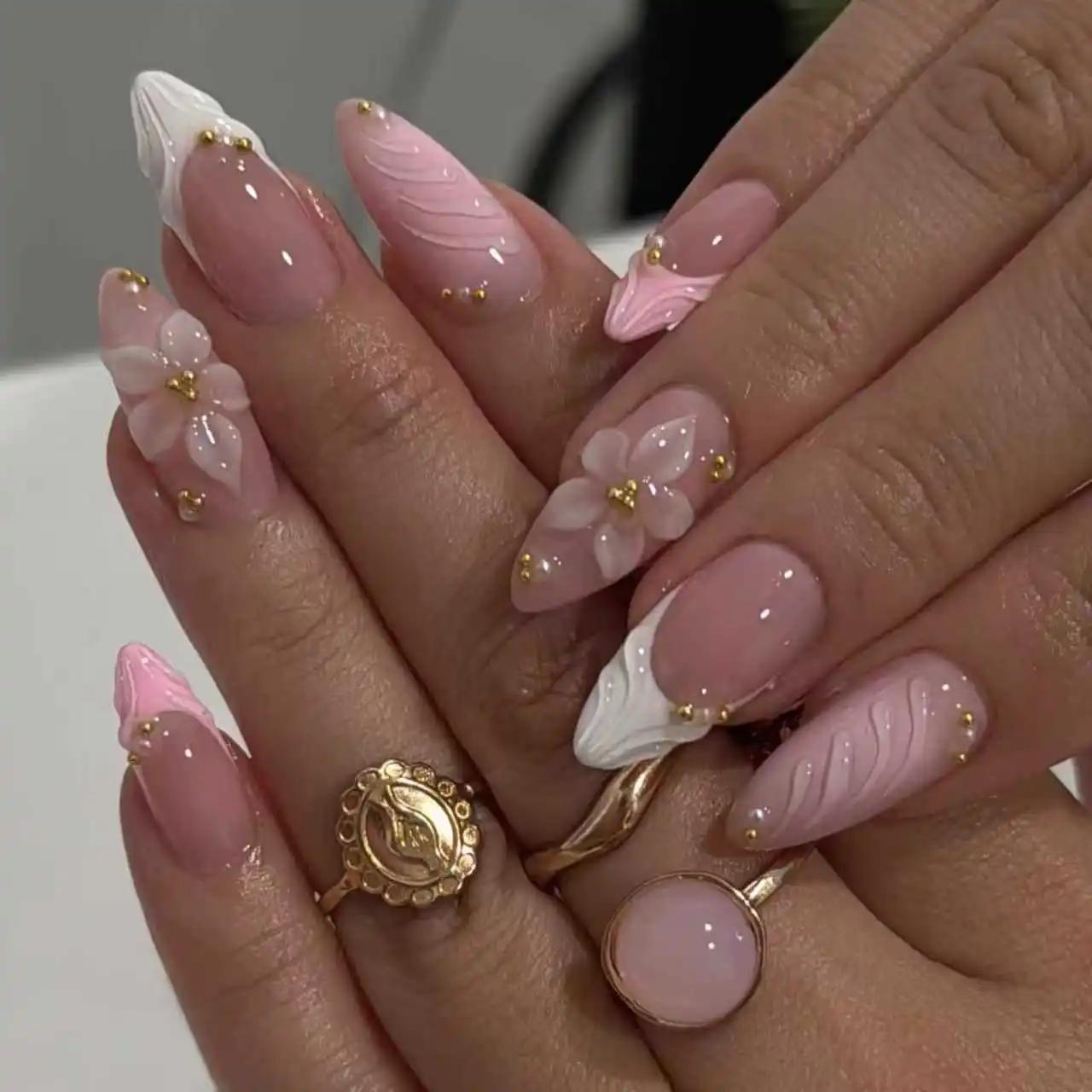 

24PCS Pink Almond Press On Nails, 3D Carved Flower & Ripple French Fake Nails with Gold Pearls United States