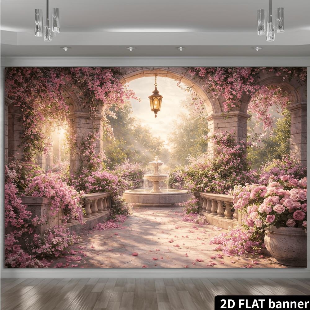 2D plane 1 piece of European arch rose garden background fabric pink flower vines retro arch fountain landscape