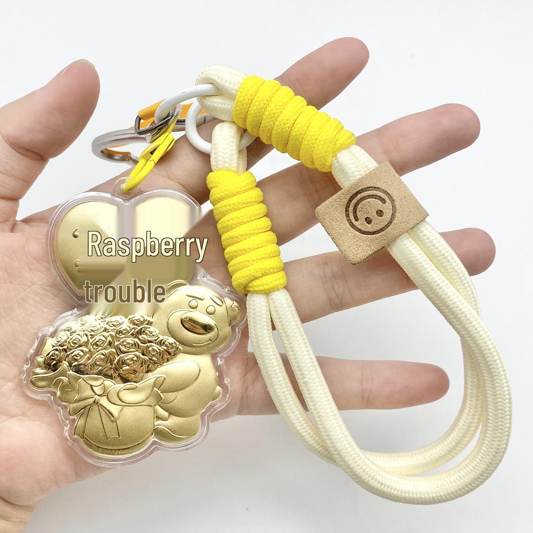 999 Pure Gold Cartoon Strawberry Bear Phone Charm Keychain Pendant - Ideal Gift for Girlfriend Gold Foil