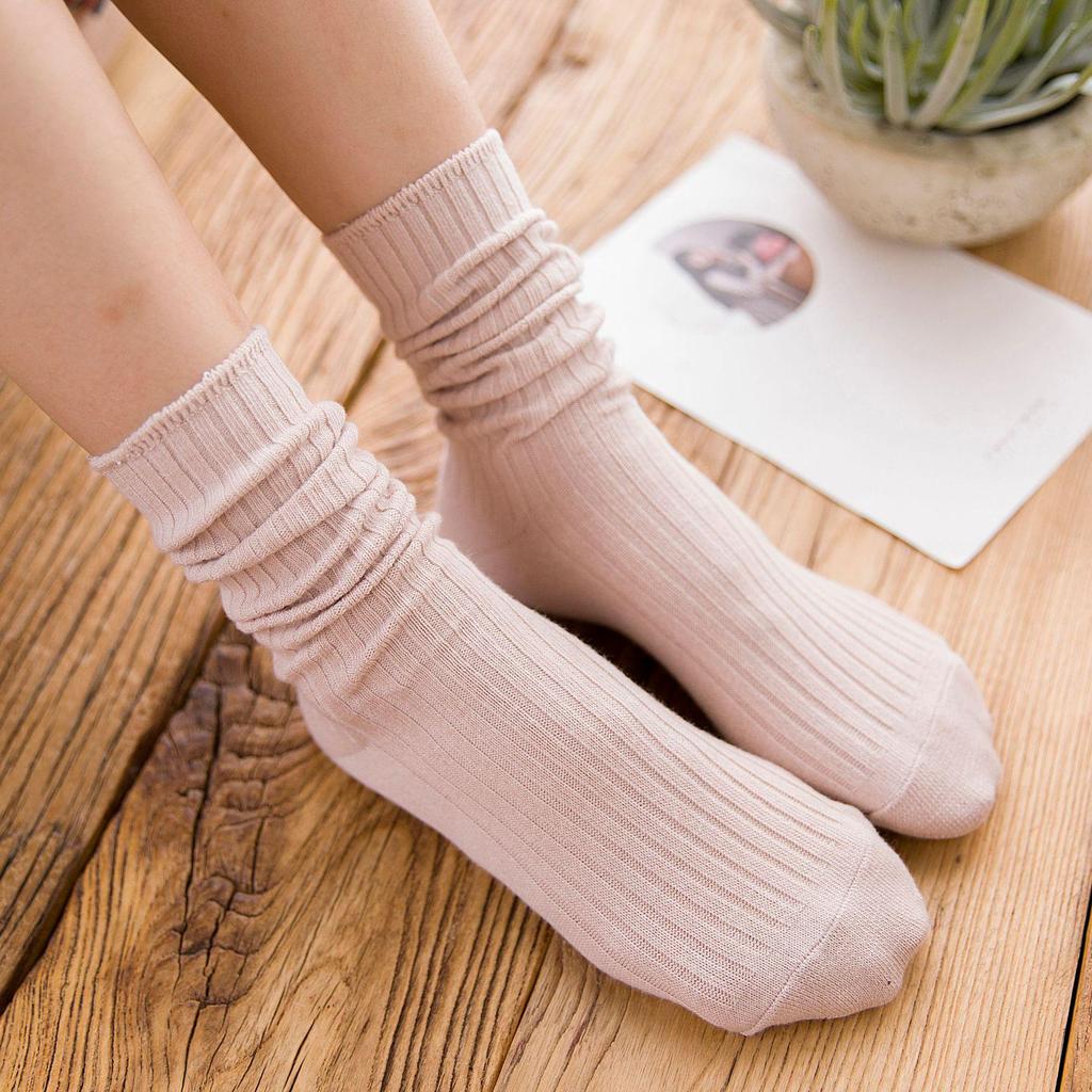 Autumn & Winter Women's Ribbed Cotton Mid-Calf Socks - Japanese Style, Solid Color, Double Needle.