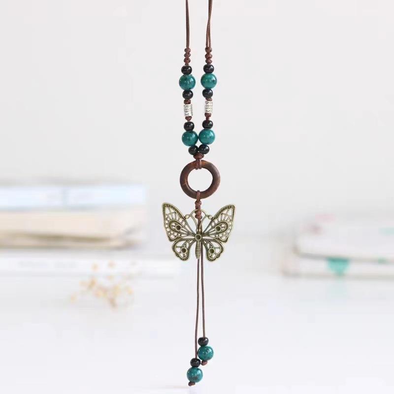 New Chinese style new ethnic style butterfly long necklace sweater chain antique clothes pendant necklace