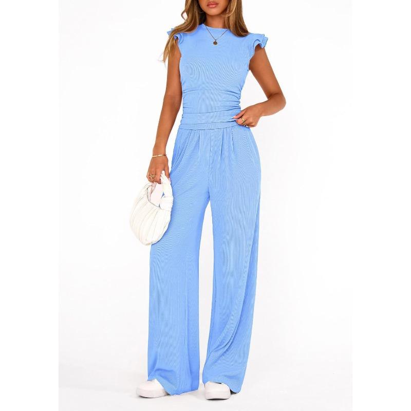 GMXIA Women's Fashion Casual Summer Spring Short Sleeve O-Neck Pants Suits