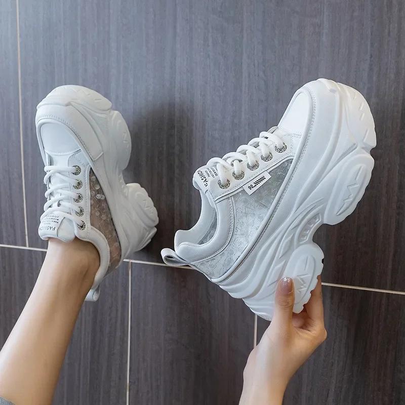 Fashion 8cm Air Mesh Genuine Leather Comfy Hollow Women Chunky Sneaker Ankle Boots Summer Platform Wedge Flats Breathable Shoes