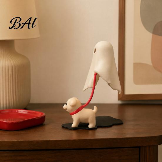 Whimsical Room Accessories Halloween Ghost Walking Dog Figurine, Cute Spooky Statue with LED Candle, 3D Printed Tabletop Ornament for Holiday