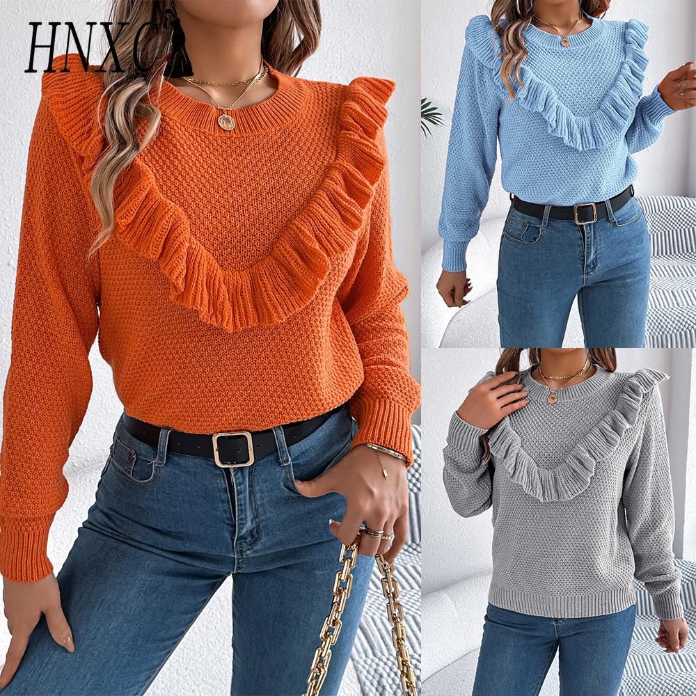 HNXC Elegant Solid Color Ruffled Long-sleeved Pullover Sweater for Women's Autumn and Winter