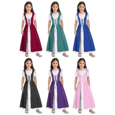 Kids Meisjes Renaissance Cosplay Middeleeuwse Verkleedkostuums Korte Mouw Verstelbare Veterjurk Jurk