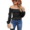 2024 European & American Spring/Summer Off-Shoulder Ruffle Smocked Long Sleeve Slimming Top for Women