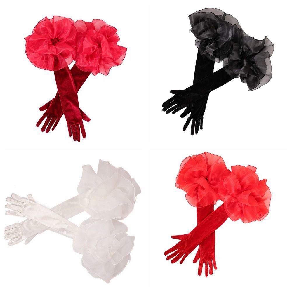 Organza Flower Long Gloves Elastic Wedding Bridal Gloves Retro Ruffles Velvet Mittens  Women