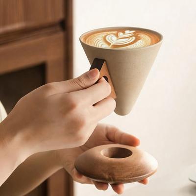 Creative Cone Coffee Cup Set with Ergonomic Handle Solid Wood Coaster High-Temperature 250ml Ceramic Tapered Mug Espresso Latte Stylish