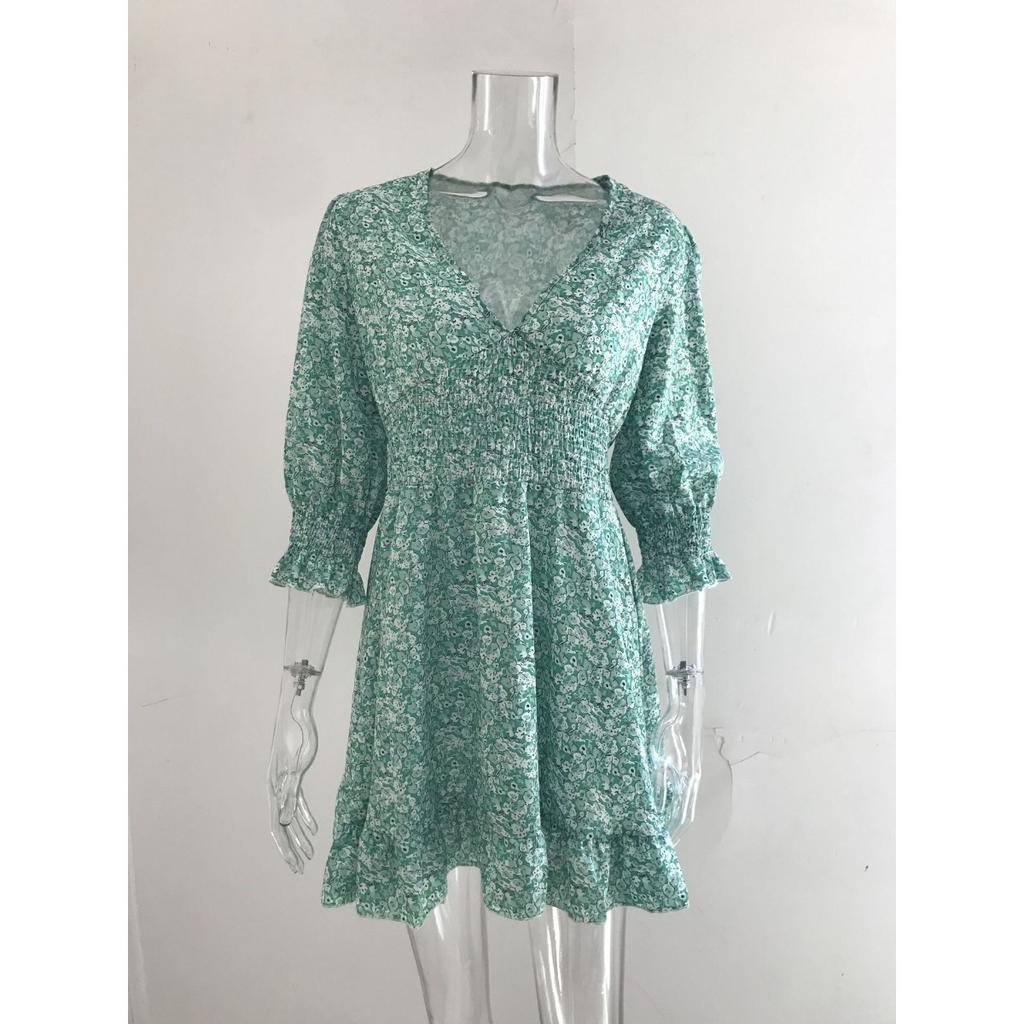 Women's Boho Floral Print Midi Dress, V Neck Short Sleeve High Waist Casual Summer Dress for Women