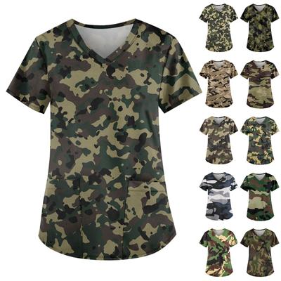 Damenmode V-Ausschnitt Casual Camouflage bedruckte Oberteile mit Taschen Arbeitskleidung