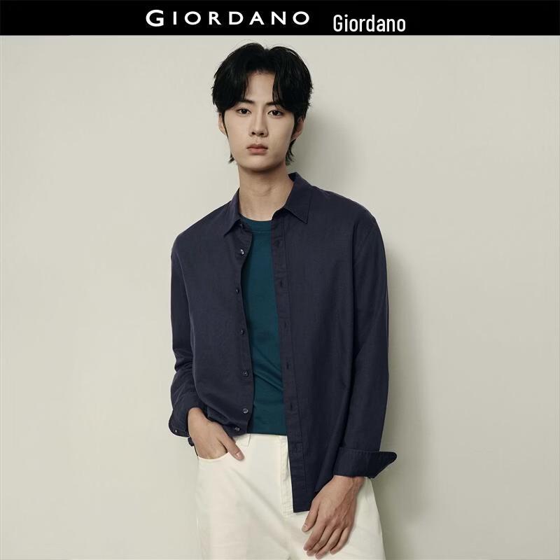 Giordano Men's Celebrity Style Breathable Cotton-Linen Long-Sleeve Shirt