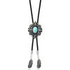 Men's Rodeos Western Leather Cord Bolo Tie Antique Floral Stone Jewelry Cowboy Necktie Necklace with Feathered Pendant