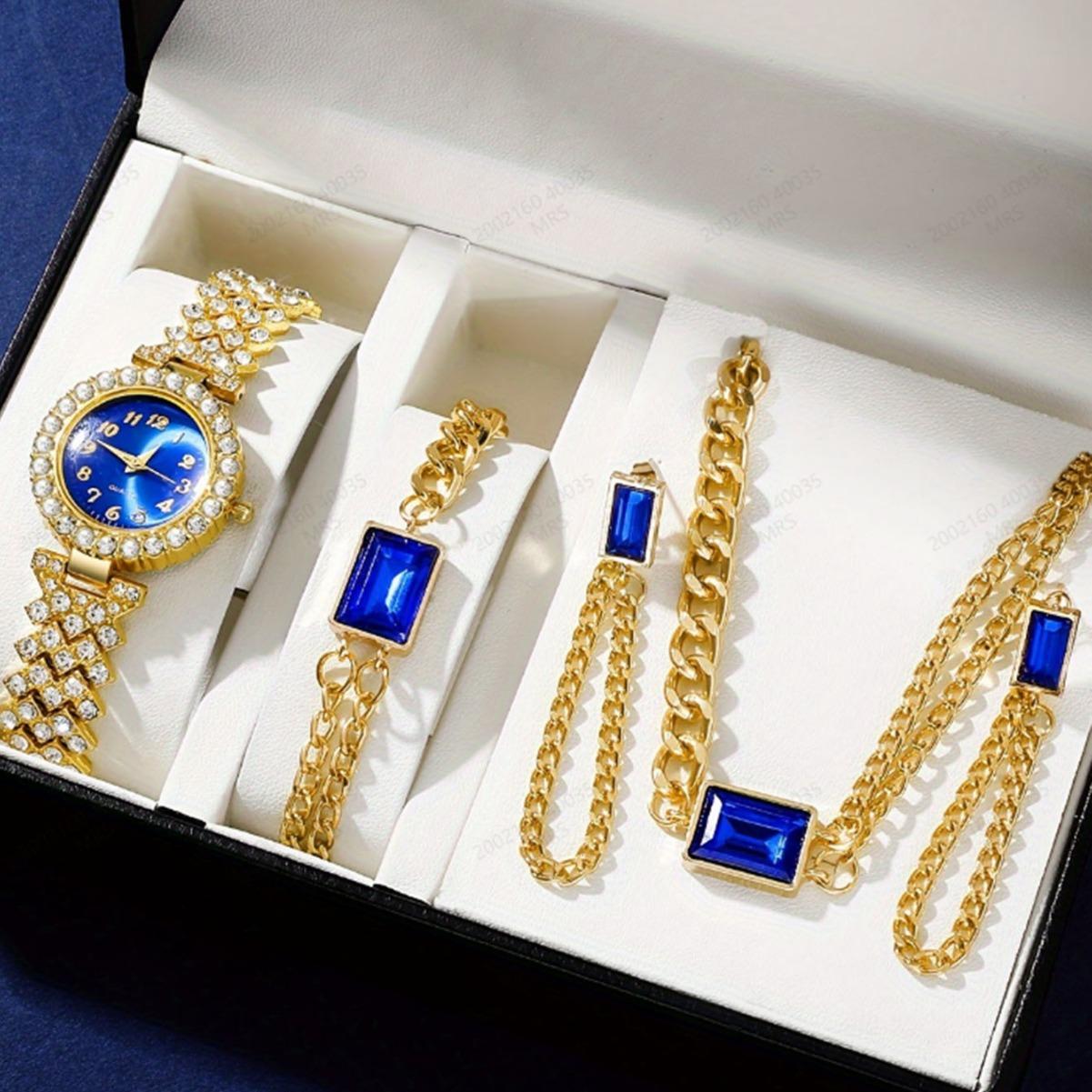 

Без подарочной коробки; популярные часы с бриллиантами, универсальные, с маленьким циферблатом, кварцевые, женские набор кристальных украшений из 4 предметов золотой