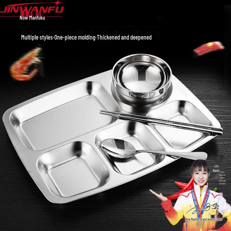 JINWANFU 304 Stainless Steel Round 5-Compartment Cafeteria Tray Set