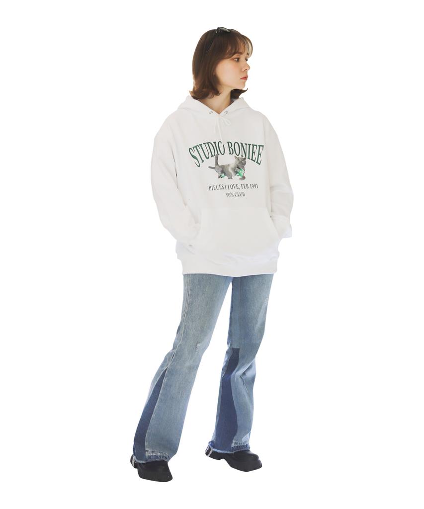[Fleece Lined] Flying British Cat Cat Graphic Logo Oversized Hoodie White