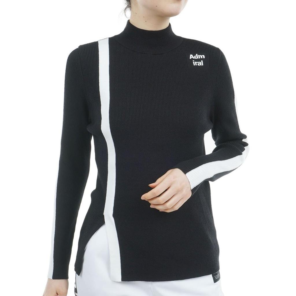 Admiral Golf ADLA476 Women's Black Mock Neck Ribbed Sweater with Front Slit