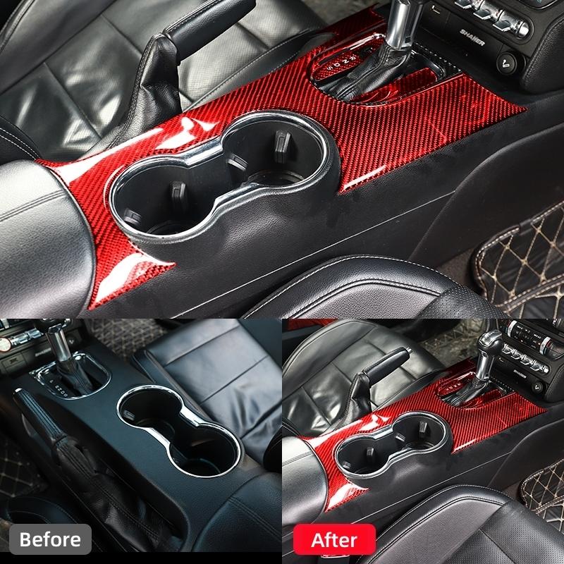 For Ford Mustang GT 2015- Carbon Fiber Interior Car Gear Shift Panel Trim Cover Cup Holder Decoration Sticker Decal Frame