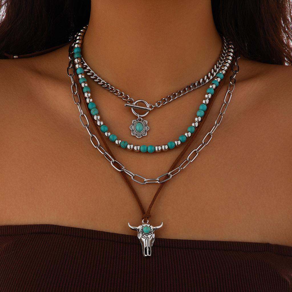 Retro Imitation Turquoise Cow Head Collarbone Necklace, Exotic Ethnic Style Cactus Stacked With Beaded Necklace