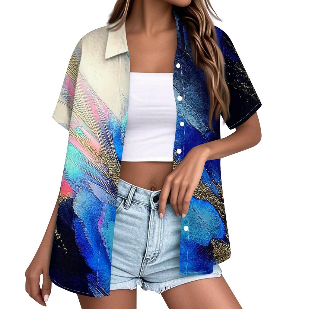 Women's Casual Summer Beach Shirt Short Sleeve Textured Print Button Down Shirt Lightweight Loose Fit Blouse for Outdoor Wear