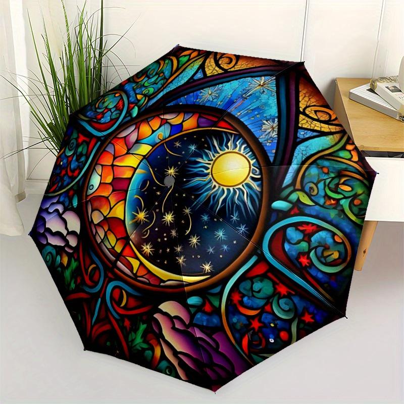 1pc Stained Glass Window Folding Umbrella With Excellent UV Protection, 8 Ribs Casual Durable Lightweight Portable Travelling Umbrella For M