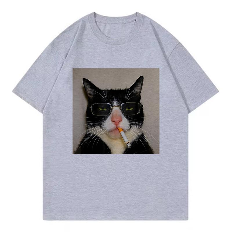 Magliette Divertenti Hip Hop Gatto Fumatore Oversize Cool Unisex Donna Gatto T-shirt Girocollo Manica Corta Maglietta Top Streetwear