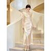 Light luxury one-word shoulder light gold evening dress, annual meeting host engagement dress, bridal toast dress, morning gown skirt