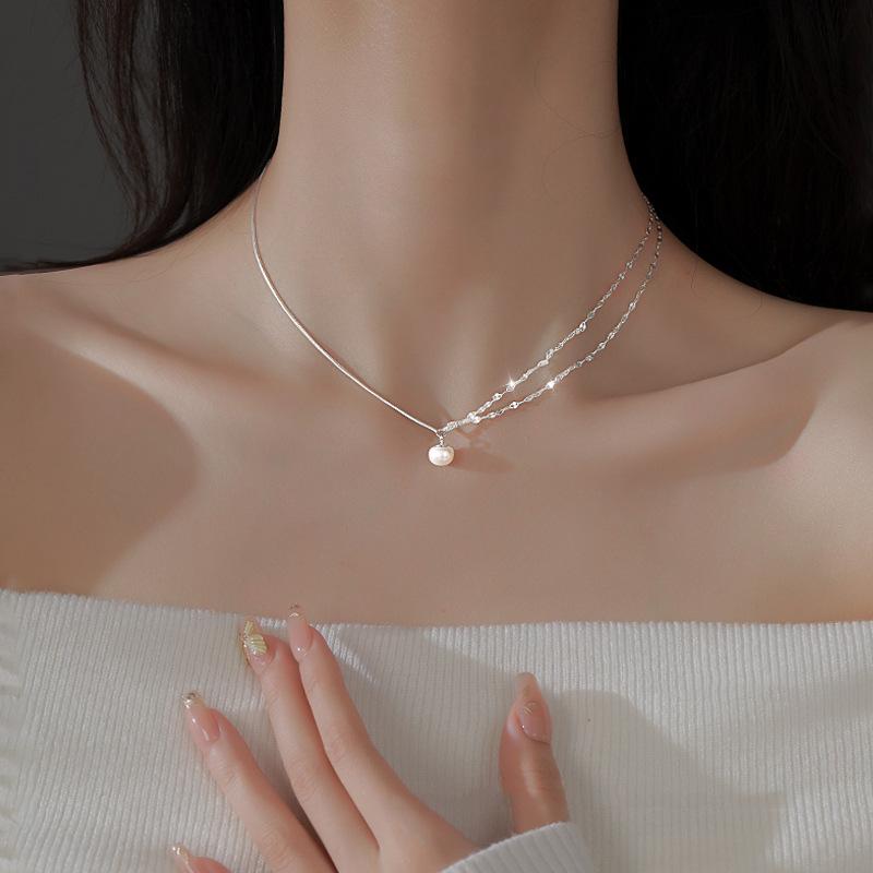 

Double Lip Chain Pearl Necklace Women S Autumn And Winter Temperament Sparkling Collarbone Chain Small Fragrant Neck Chain Copper