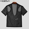INCERUN Men V Neck Mesh Stretch Off Shoulder Sheer Tops Sexy Transparent T-shirts