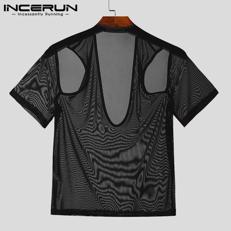 INCERUN Men V Neck Mesh Stretch Off Shoulder Sheer Tops Sexy Transparent T-shirts