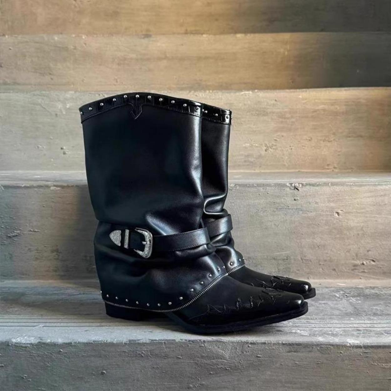 

Винтажные ботинки Willow Spike Martin с острым носком, ботинки-трубы, женские ботинки на грубом каблуке, универсальные модные рыцарские ботинки 42 чёрный