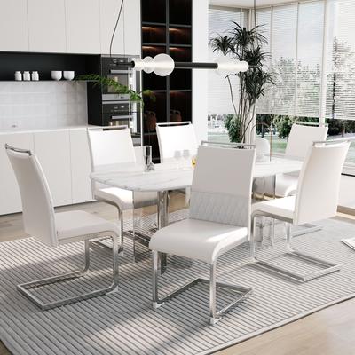 Dining Chairs Set of 6, Backrest of PU Faux Leather and Linen, High Back Upholstered, Cross Stripe Design for Dining Room, Guest Office, White