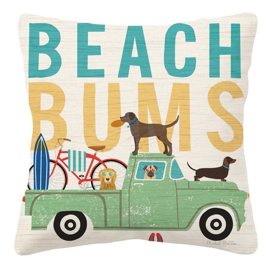 Beach Bums Dog Pug Dachshund Bicycle Truck Bus Life Decorative Cushion Cover Pillow Case