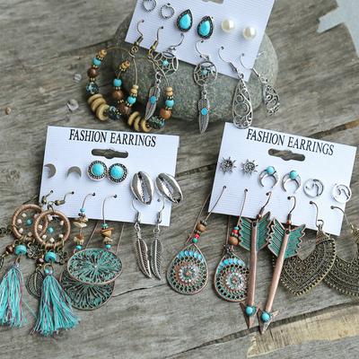 6 Pairs Of Earrings Alloy Creative Retro Style Feather Earrings Stud Set