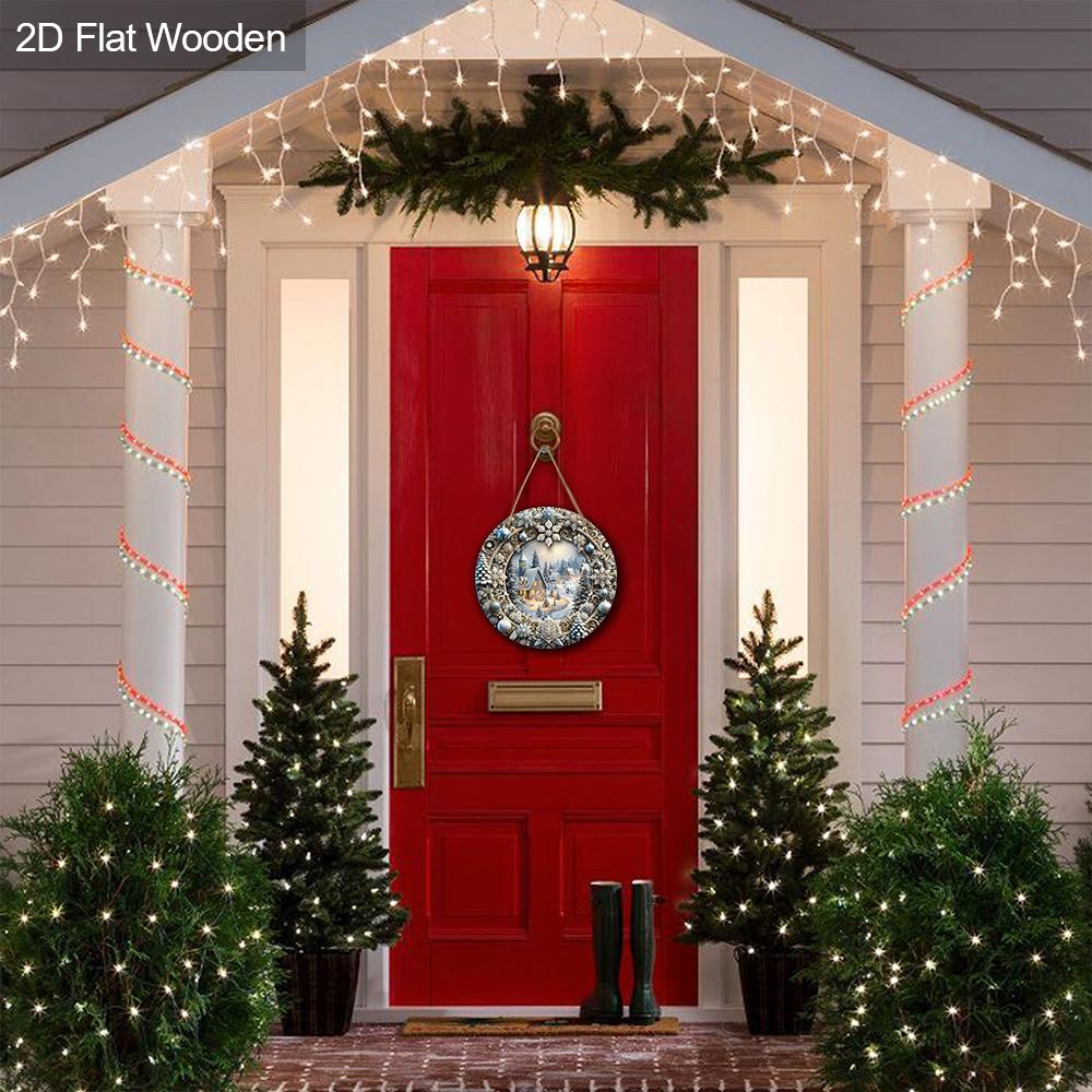 Cute Winter Wonderland Wooden Sign - Navidad Round Sign with Snowhouse Town Pattern - Ideal for Front Door, Wall Hanging Decor - Ideal Christmas Gift