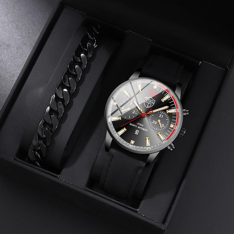 

Набор из 2 предметов DEYROS, модные мужские часы, повседневные мужские часы с кожаным ремешком и календарем, спортивные мужские кварцевые часы и браслет, подарки для мужчин