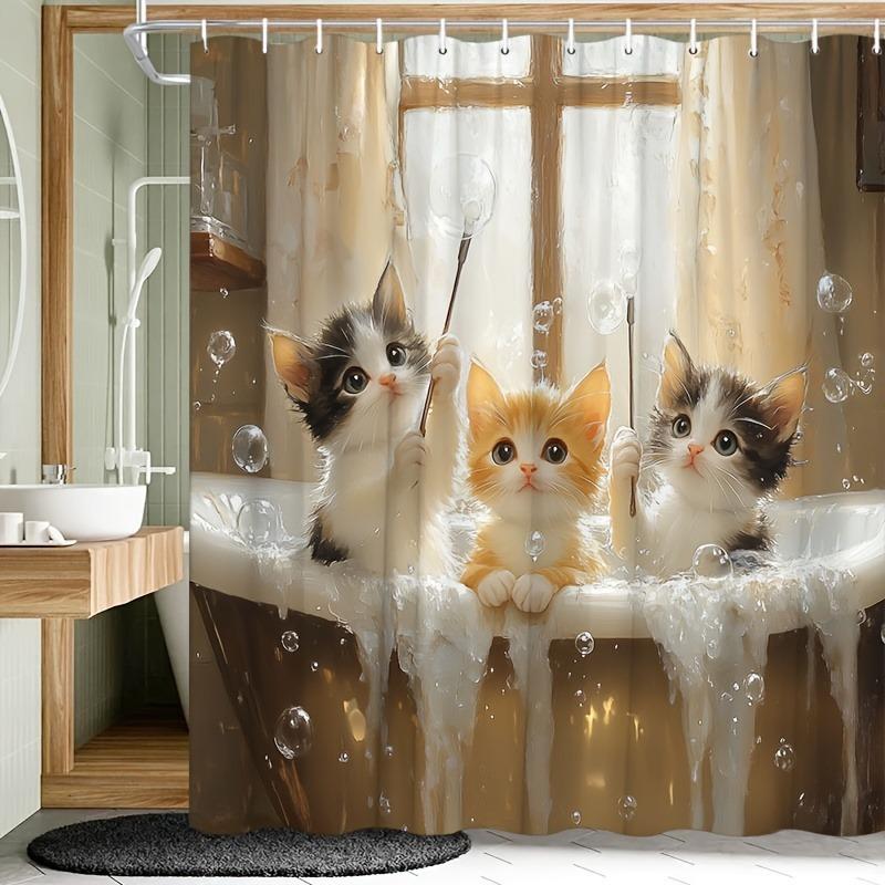 

Cartoon Kitten Bubble Bath Shower Curtain Washable Dirt-Resistant Shower Head Waterproof Polyester Bath Curtain For Home Decor W60H190(CM)-1 Pcs