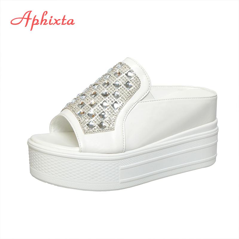 Fashion Aphixta White Wedge Heels Slippers Bling Crystal Design New Woman Shoes Mulers Platform Sandals Peep Toe Slides Plus Size 42