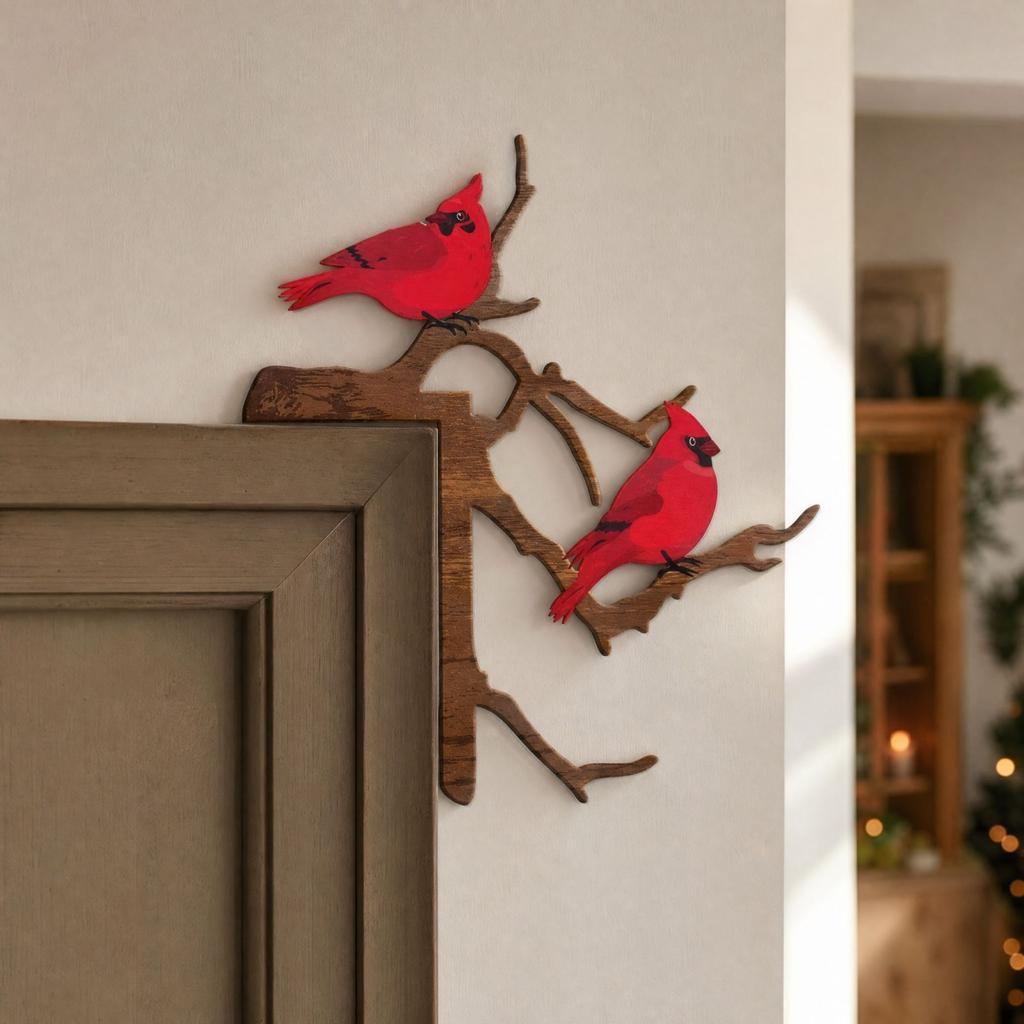 2D Flat Wooden Door Corner Hanging Decor, Set of 2 Red Bird Christmas Door Ornaments for Holiday Home Decor