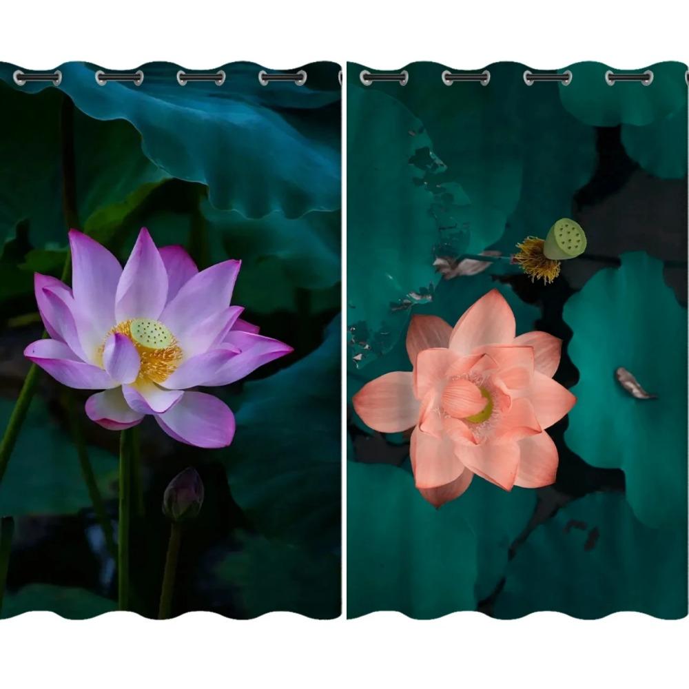 Contemporary Chinese Lotus Full-height Drape Bedroom Space Living Room Decoration Blackout Drape Lotus Design Drape Multiple Colour