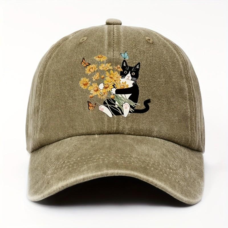 Cute Cat With Yellow Flowers Baseball Cap Distressed Denim Casual Adjustable Washed Cap One Size