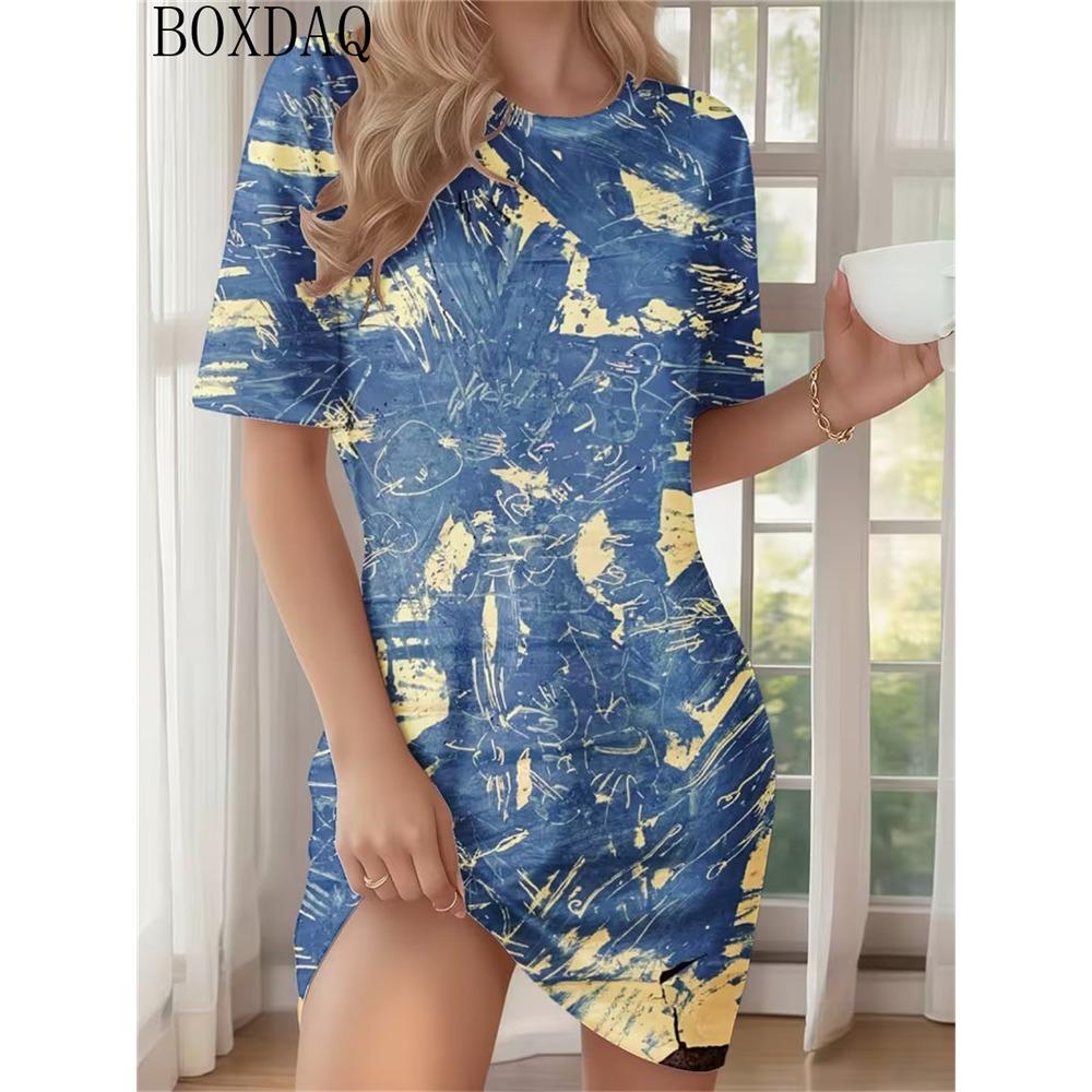 2026 Summer Home Abstract Design Printed Round Neck Short Sleeve Loose Women's Dress