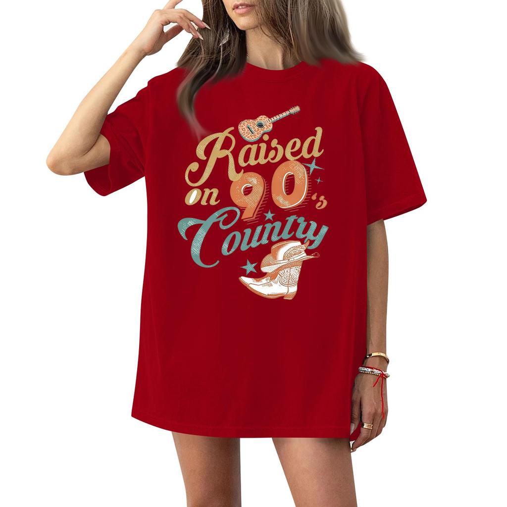 Women's Round Neck Short Sleeve T-Shirt with Music Festival Print for Casual Events