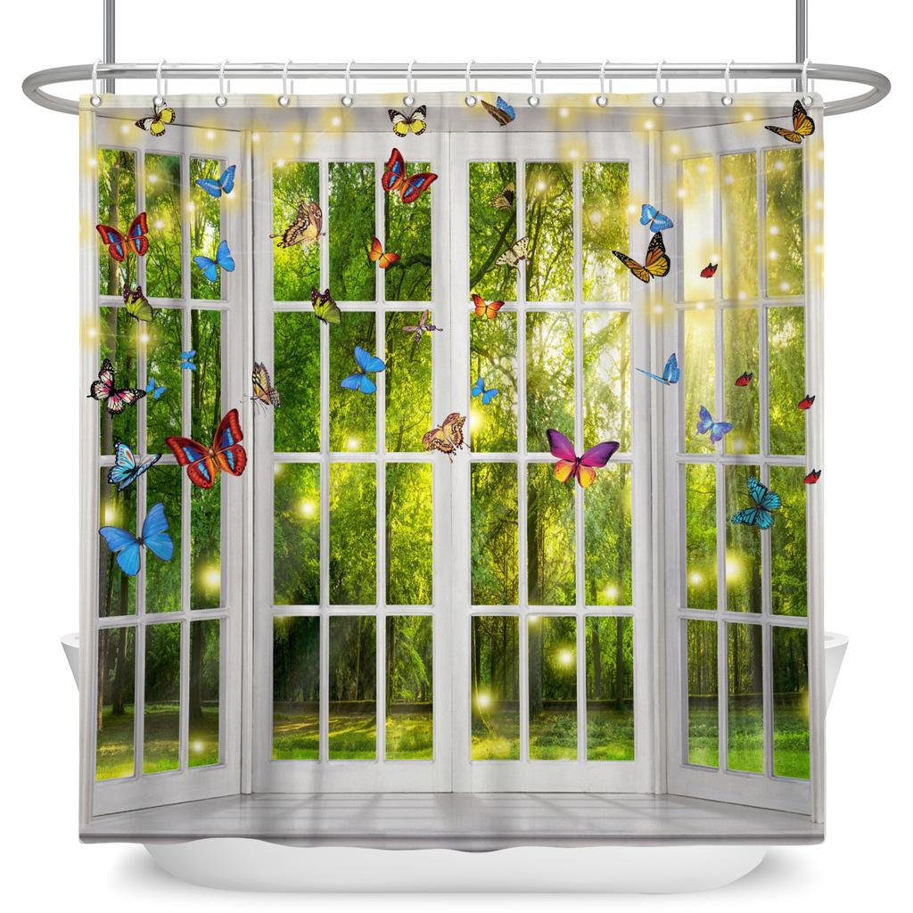 Tropical Forest Shower Curtain Natural Scenery Waterproof Trees Moss Bathroom Partition Screen Bath Curtain Polyester With Hooks