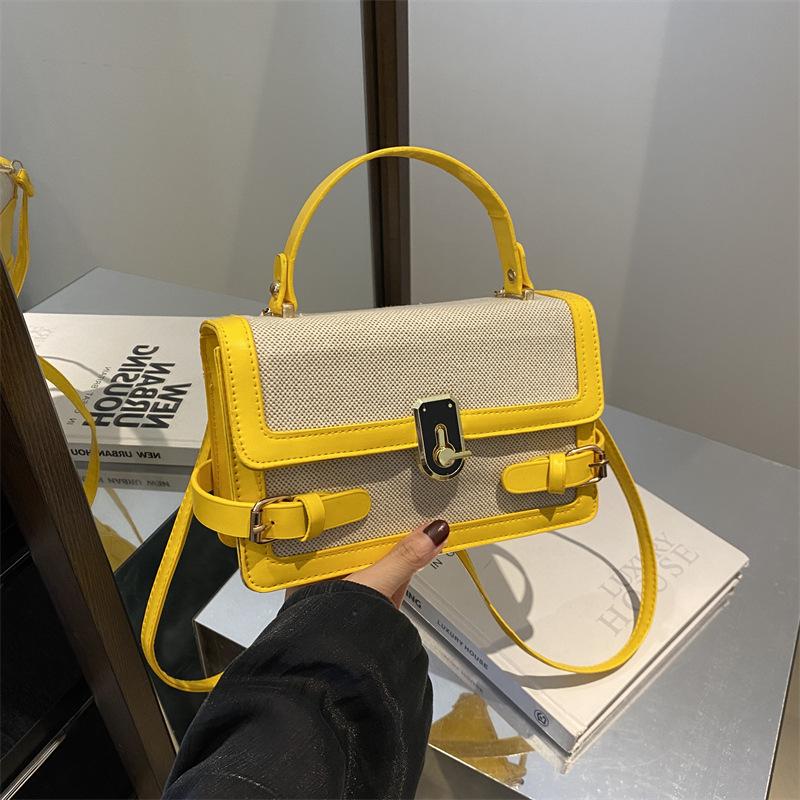 

NEW Luxury Designer Lock Straw and PU Leather Patchwork Women s Handbag Retro Crossbody Bag Flap Tote