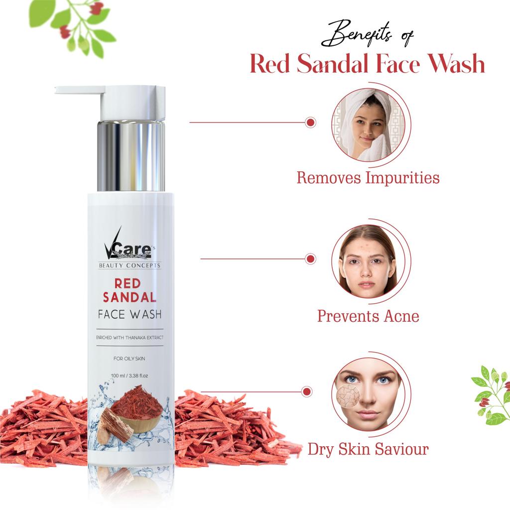 VCare Red Sandal Face Wash for Skin Whitening for Oily Skin | Reduce Acne and Pimples, Women and Men | Facial Cleanser | Skincare Face Cream, Remov